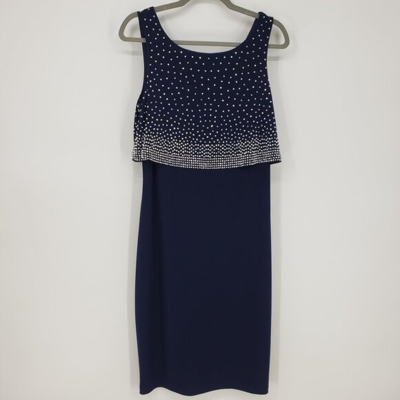 Joseph Ribkoff Embellished Sheath Cocktail Dress 10 Layered Sleeveless Navy Blue - Picture 1 of 14
